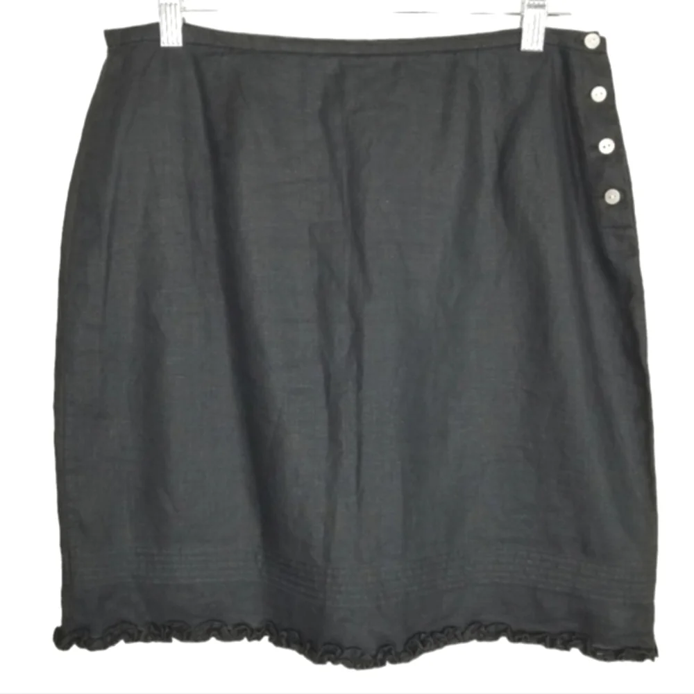 Gap Factory Store 100% Linen Mini Skirt Black Pintuck Ruffle Hem Button Size 10